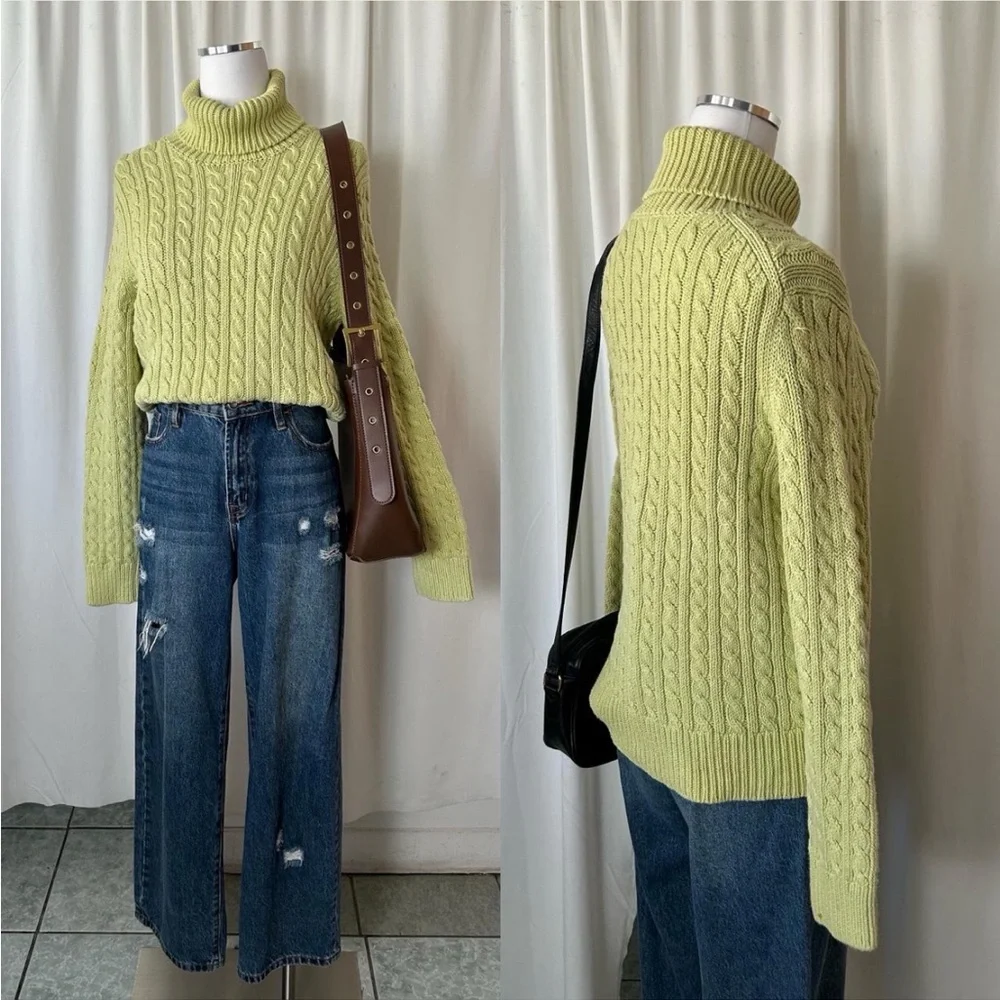 Vintage Ann Taylor Fisherman Cable Knit turtleneck sweater Green XL. - Picture 10 of 11